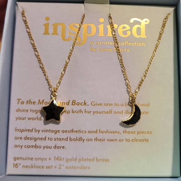 2 NECKLACES INSPIRED BY LUNA NORTE BLACK ONYX MOON & STAR14K GOLD PLATED - Picture 2 of 10